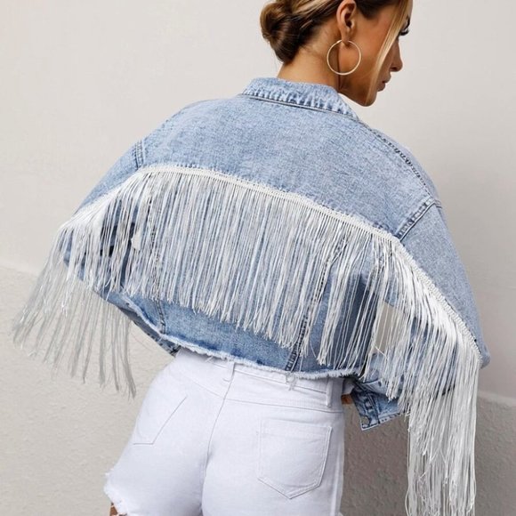 Boho  Button Front Crop Raw Hem Denim Jacket - Picture 6 of 10